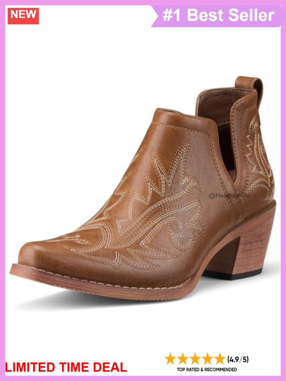 Western Cowboy Ankle Booties Square Toe Block Heel Vegan Leather
